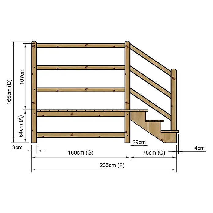 Vinuovo Außentreppe - 120 cm, Anzahl Steigungen: 3 Stk., Gerade - Holzgeländer und Treppe mit detaillierten Maßen dargestellt.