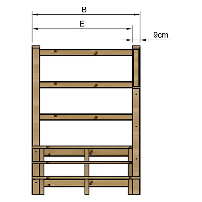 Vinuovo Außentreppe - 120 cm, Anzahl Steigungen: 3 Stk., Gerade - Holzregal mit mehreren Ablagen, mit Maßen B, E und 9cm.