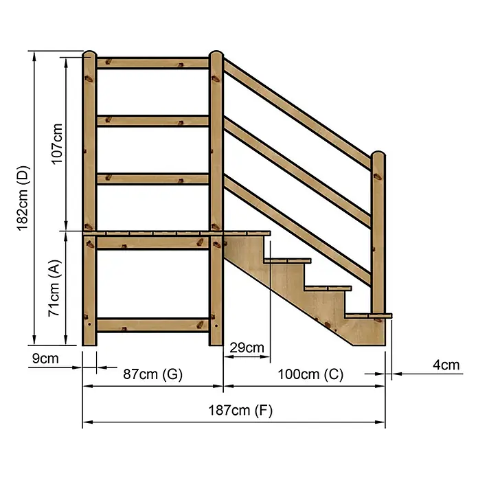 Vinuovo Außentreppe - 120 cm, Anzahl Steigungen: 4 Stk., Gerade - Holzbett mit integrierter Treppe und Sicherheitsgeländer, detaillierte Abmessungen dargestellt.
