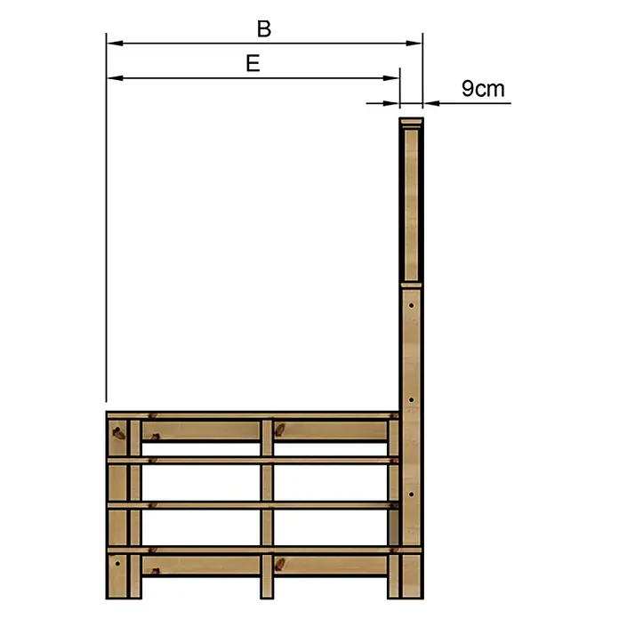 Vinuovo Außentreppe - 120 cm, Anzahl Steigungen: 4 Stk., Gerade - Hölzerner Lattenrost für Bett mit Maßen B, E und 9 cm in Seitenansicht.