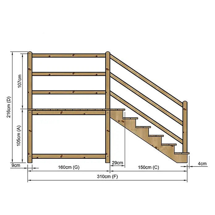 Vinuovo Außentreppe - 120 cm, Anzahl Steigungen: 6 Stk., Gerade - Bauplan einer hölzernen Spielstruktur mit erhöhter Plattform, Treppe und Schutzgeländer.