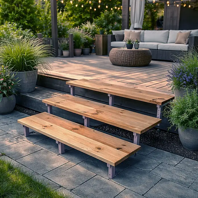 Vinuovo Außentreppe OSLO - Terrassentreppe Stahl H37cm 2 Stufen Holz KDI Breite 60cm - Anzahl Steigungen: 2 Stk., Gerade - Drei Gartenstufen aus Naturholz mit hellen Metallstützen, die den Zugang zu einer erhöhten Terrasse ermöglichen.