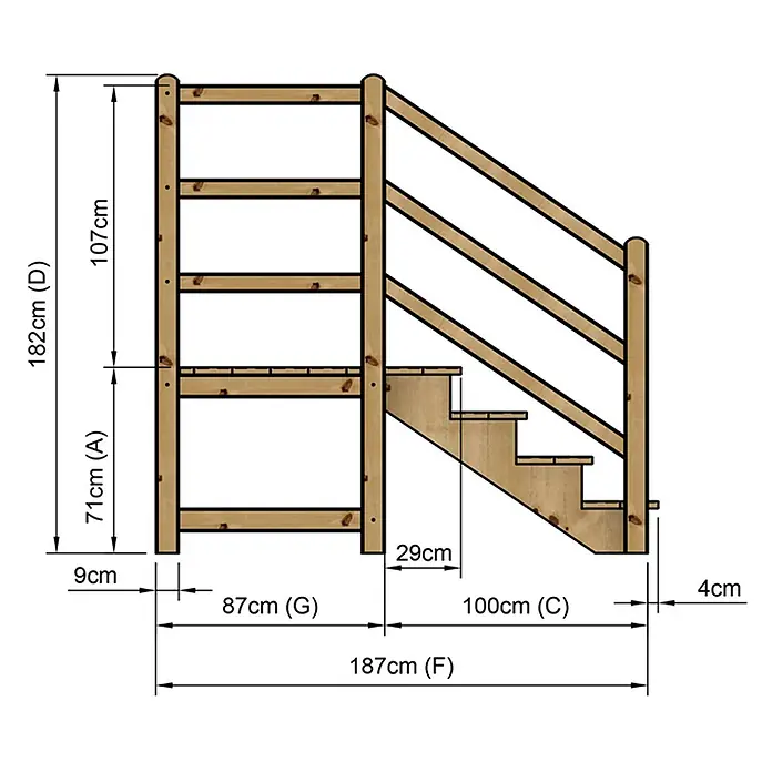 Vinuovo Außentreppe - 120 cm, Anzahl Steigungen: 4 Stk., Gerade - Technische Zeichnung einer hellbraunen Holztreppe mit Geländer und Maßen, ideal für Etagenbett oder Spielhaus.