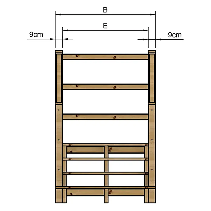 Vinuovo Außentreppe - 120 cm, Anzahl Steigungen: 4 Stk., Gerade - Holzrahmenkonstruktion mit Querlatten und Maßangaben 'B', 'E', '9cm' zur Darstellung der Abmessungen.