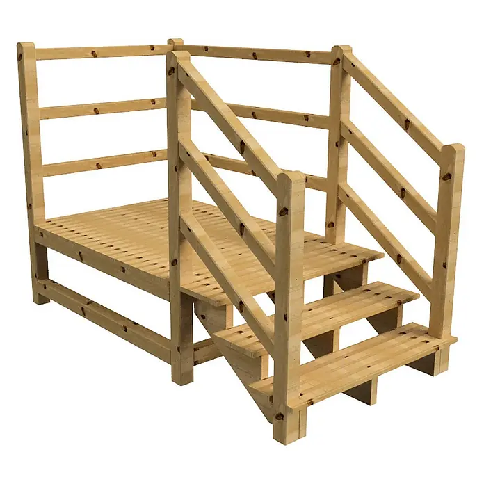 Vinuovo Außentreppe - 120 cm, Anzahl Steigungen: 3 Stk., Gerade - Helle Holzplattform mit Geländer und dreistufiger Treppe, zeigt natürliche Maserung und Äste.