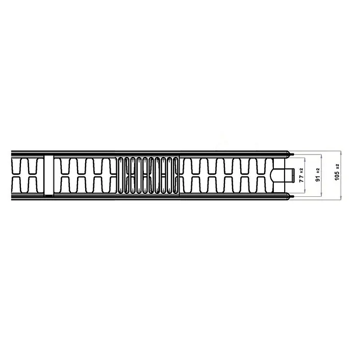 Planheizkörper - B x H: 1.400 x 300 mm, Wärmeleistung bei Vorlauftemperatur von 75 °C (D: 50): 1.261,4 W, Typ Heizkörper: 22 - Technische Zeichnung eines Paneels mit detaillierten Maßangaben für Design und Konstruktion, inklusive Toleranzen.