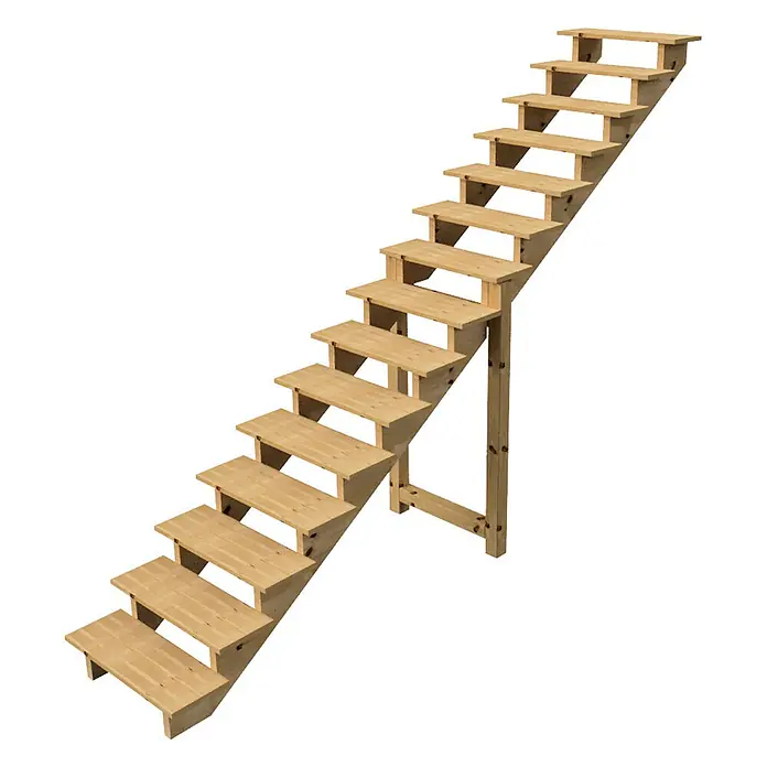 Vinuovo Außentreppe BERLIN Holztreppe - 15 Offene Stufen 258cm Höhe - 80cm Breite - Anzahl Steigungen: 5 Stk., Gerade - Freistehende Treppe aus hellem Holz mit mehreren Stufen.