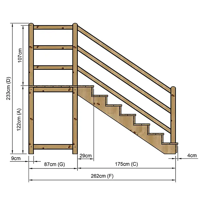 Vinuovo Außentreppe - 120 cm, Anzahl Steigungen: 7 Stk., Gerade - Technische Zeichnung eines Holz-Hochbettgestells mit integrierter Treppe und Podest, inklusive detaillierter Maße.