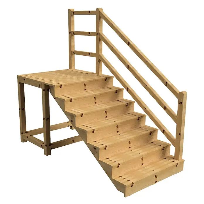 Vinuovo Außentreppe - 120 cm, Anzahl Steigungen: 7 Stk., Gerade - Helle Holztreppe mit oberer Plattform und Sicherheitsgeländer.