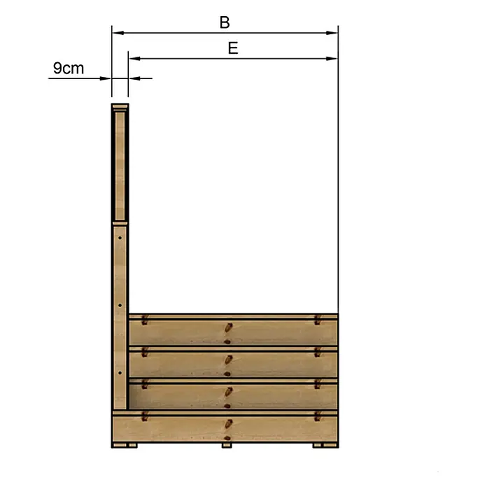 Vinuovo Außentreppe - 120 cm, Anzahl Steigungen: 4 Stk., Gerade - Seitenansicht eines hellen Blumenkastens aus Holz mit den Maßen B, E und 9cm.