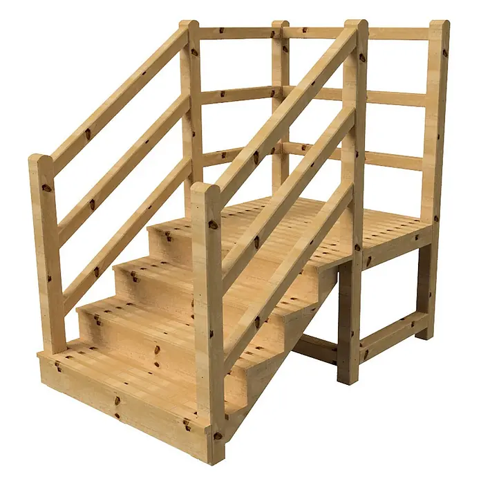 Vinuovo Außentreppe - 120 cm, Anzahl Steigungen: 4 Stk., Gerade - Helle Holztreppe mit Podest und Sicherheitsgeländer.