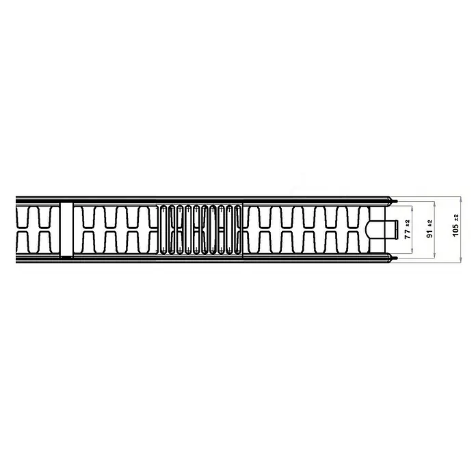 Planheizkörper - B x H: 600 x 600 mm, Wärmeleistung bei Vorlauftemperatur von 75 °C (D: 50): 949,2 W, Typ Heizkörper: 22 - Abbildung eines EPS-Schalungselements mit Bemaßungen. Das Element zeigt eine wiederholende Struktur mit Angaben zu den Abmessungen.