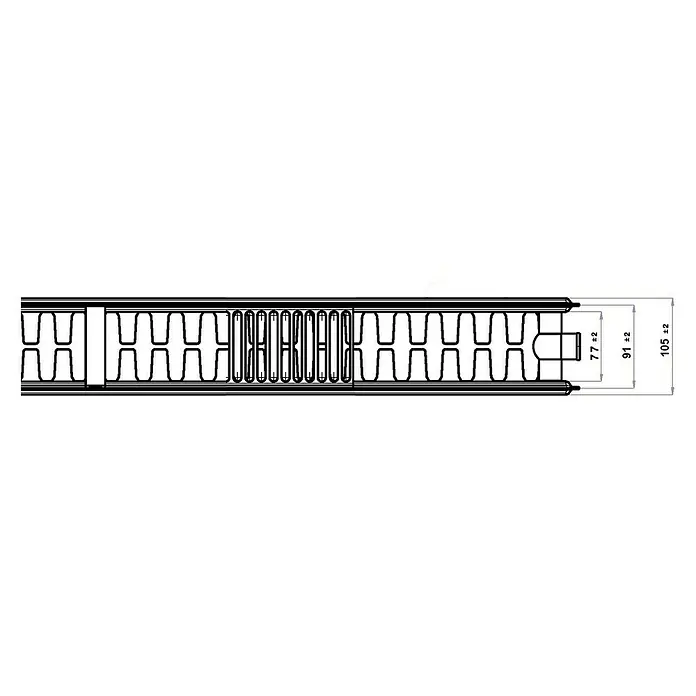 Planheizkörper - B x H: 1.200 x 300 mm, Wärmeleistung bei Vorlauftemperatur von 75 °C (D: 50): 1.081,2 W, Typ Heizkörper: 22 - Querschnitt einer isolierten Wandplatte mit Maßangaben. Technische Zeichnung eines Paneels für den Bau.