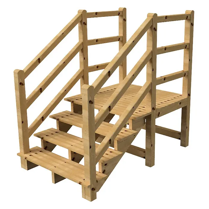 Vinuovo Außentreppe - 120 cm, Anzahl Steigungen: 4 Stk., Gerade - Helle Holztreppe mit Podest und Geländer.