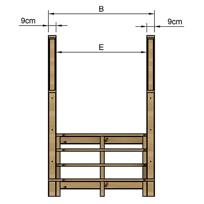 Vinuovo Außentreppe - 120 cm, Anzahl Steigungen: 4 Stk., Gerade - Holzrahmenkonstruktion mit Gesamtbreite B, Innenbreite E und 9cm Pfostenbreite.