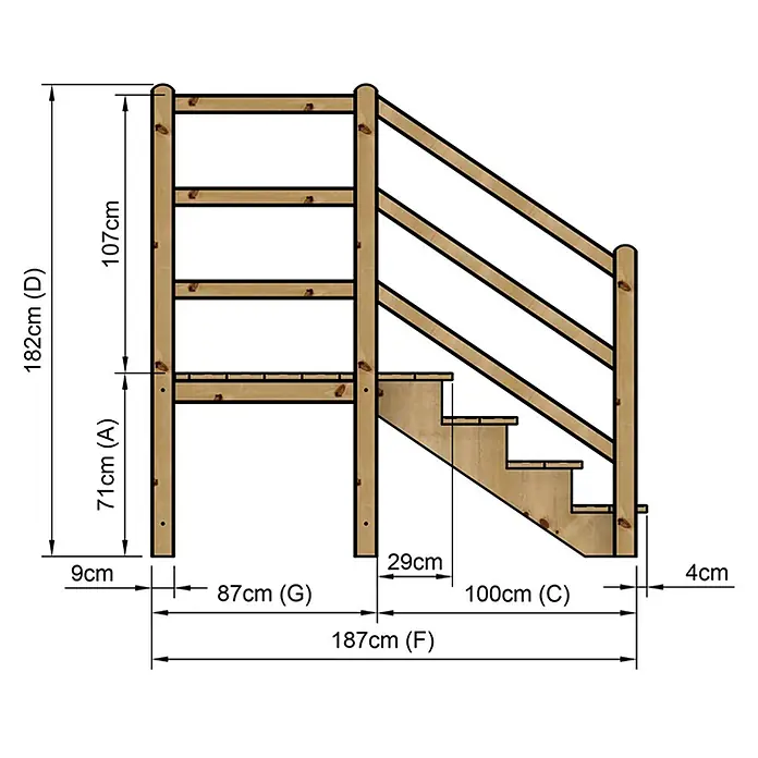 Vinuovo Außentreppe - 120 cm, Anzahl Steigungen: 4 Stk., Gerade - Holztreppe mit Sicherheitsgeländer, für Spielturm oder erhöhte Terrasse, detaillierte Maße sind eingezeichnet.