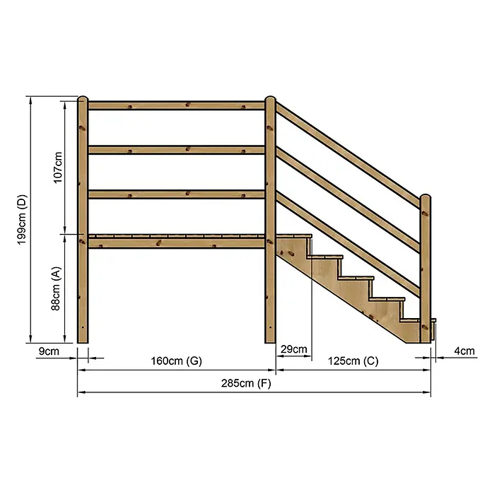 Vinuovo Außentreppe - 120 cm, Anzahl Steigungen: 5 Stk., Gerade - Hölzerne Outdoor-Spielstruktur mit Treppe und Geländer, bemaßt.