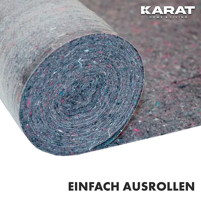 Floordirekt Abdeckvlies 180g/m² - Hochwertiger Schutzvlies für Malerarbeiten - 50 x 1 m - Rolle aus grau meliertem Schutzfilz, teilweise ausgerollt zur Texturansicht.
