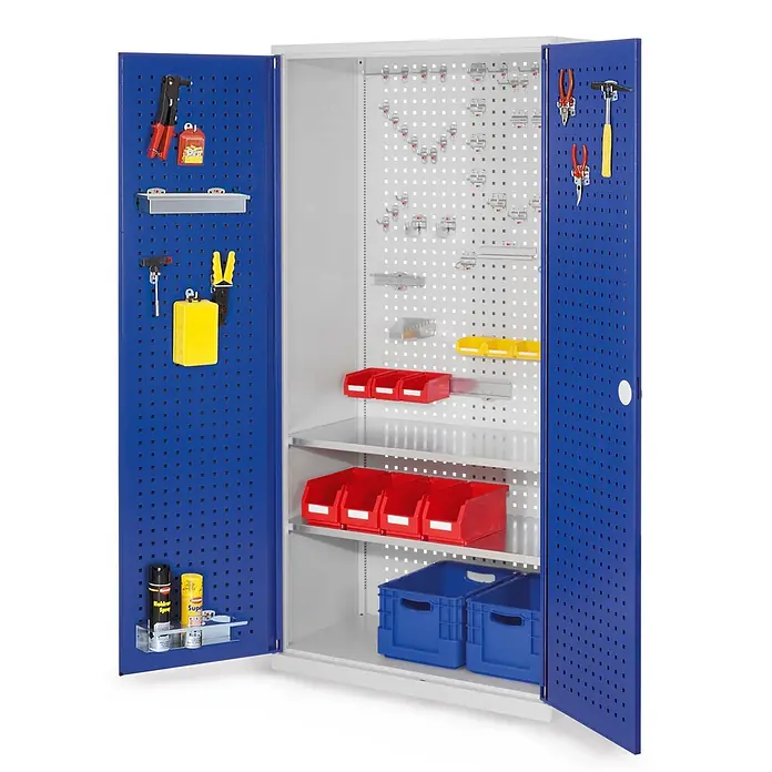 Kappes Metall-Mehrzweckschrank ®RasterPlan Werkzeugschrank 1950x1000m Modell 5 Tiefe 500mm Lochplattentü - 50 cm x 1.000 cm x 1,95 m, Enzianblau - Blauer und grauer Metall-Werkstattschrank mit Lochtüren, Regalen, Behältern und Werkzeughaltern für geordnete Aufbewahrung.