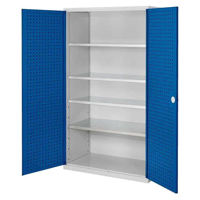 Kappes Metall-Mehrzweckschrank ®RasterPlan Großvolumenschränke 1950x1130x590mm Lochplattentüren Modell - 59 cm x 1.130 cm x 1,95 m, Enzianblau - Metallschrank mit zwei blauen Lochblechtüren und verstellbaren weißen Ablageflächen.