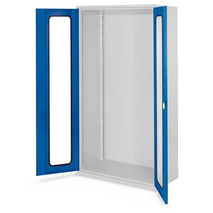 Kappes Metall-Mehrzweckschrank Schwerlastschränke ohne Mitteltrennwand 1950x1000x600mm Modell 40 Sichtfen - 60 cm x 1.000 cm x 1,95 m, Enzianblau - Offener blau-weißer Metallschrank mit transparenten Türfeldern und verstellbaren Regalstützen.