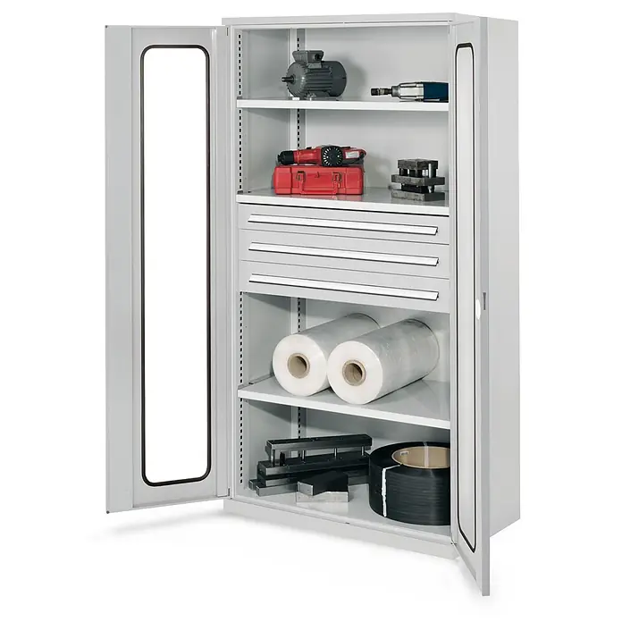 Kappes Metall-Mehrzweckschrank Schwerlastschränke ohne Mitteltrennwand 1950x1000x600mm Modell 43 Sichtfen - Lichtgrau - Grauer Metall-Werkstattschrank mit offenen Türen, zeigt Regale und Schubladen gefüllt mit Werkzeugen und Industriebedarf.