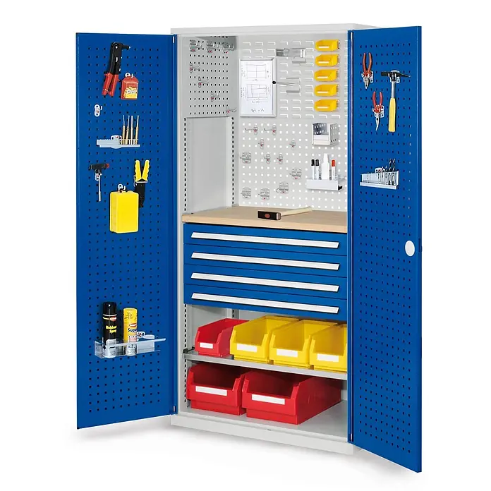 Kappes Metall-Mehrzweckschrank ®RasterPlan Schubladenschränke 1950x1000x600mm Lochplattentüren Modell 1 - 60 cm x 1.000 cm x 1,95 m, Enzianblau - Offener blau-grauer Metall-Werkstattschrank mit Lochblechtüren, Schubladen, Regalen und Sortierkästen für Werkzeuge.