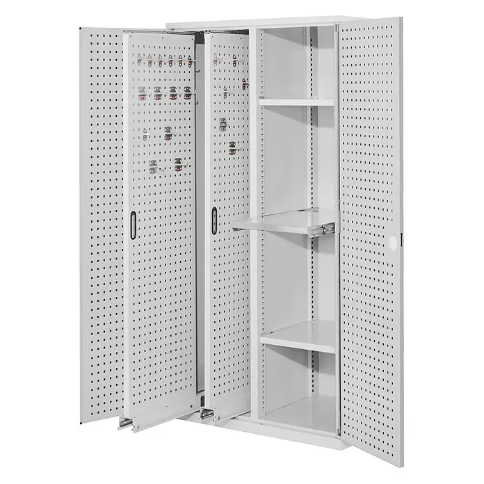 Kappes Metall-Mehrzweckschrank ®RasterPlan Vertikalschränke 1950x1000x600mm Modell 84 Lochplattentüren - Lichtgrau - Offener hellgrauer Metall-Aufbewahrungsschrank mit Lochwandtüren, Lochwandpaneelen und verstellbaren Regalen.