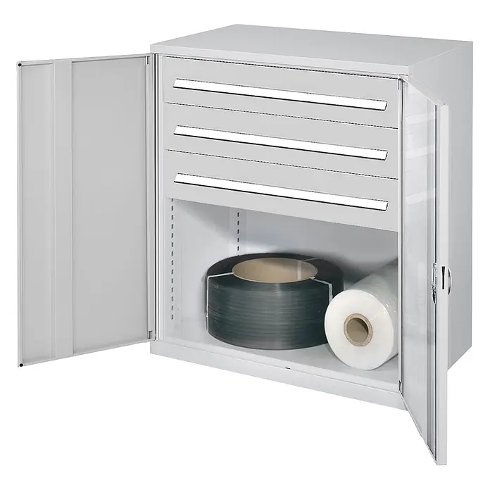 Kappes Metall-Mehrzweckschrank Schwerlast-Beistellschränke ohne Mitteltrennwand 1110x1000x600mm Modell 67 - 60 cm x 1.000 cm x 1,11 m, Lichtgrau - Heller Metallschrank mit offenen Türen, drei Schubladen und einem Fach mit Umreifungsband und Stretchfolie.