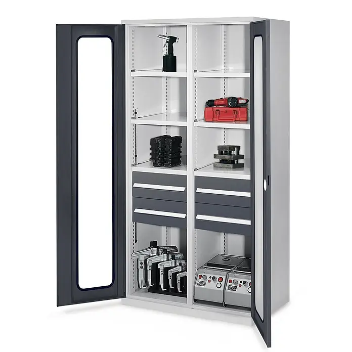 Kappes Metall-Mehrzweckschrank Schwerlastschränke mit Mitteltrennwand 1950x1000x600mm Sichtfenstertüren - 60 cm x 1.000 cm x 1,95 m, Anthrazitgrau - Grauer Metallschrank mit offenen Türen, zeigt Regale, Schubladen und Werkzeuge.