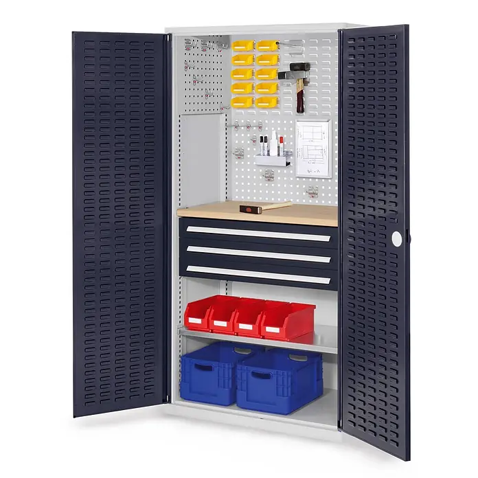 Kappes Metall-Mehrzweckschrank ®RasterPlan Schubladenschränke 1950x1000x600mm Schlitzplattentüren Model - 60 cm x 1.000 cm x 1,95 m, Anthrazitgrau - Vielseitiger Werkstattschrank mit dunkelblauen Türen, Holzarbeitsplatte, Schubladen und Lochwand zur Werkzeug- und Kleinteileaufbewahrung.