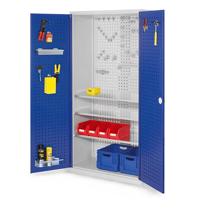 Kappes Metall-Mehrzweckschrank ®RasterPlan Werkzeugschrank 1950x1000m Modell 6 Tiefe 500mm Lochplattentü - 50 cm x 1.000 cm x 1,95 m, Enzianblau - Blauer und grauer Metall-Werkzeugschrank mit Lochwandtüren und -innenraum, verstellbaren Regalböden, Behältern und Werkzeugen.