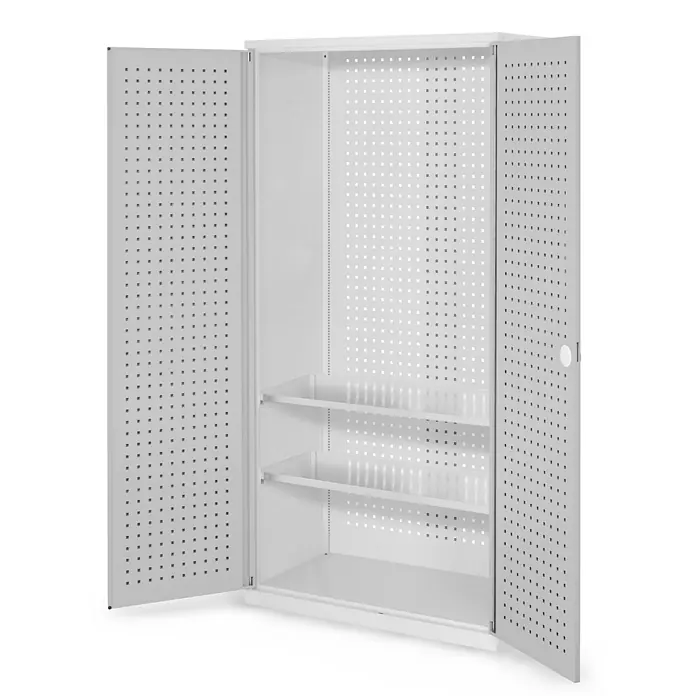 Kappes Metall-Mehrzweckschrank ®RasterPlan Werkzeugschrank 1950x1000m Modell 5 Tiefe 500mm Lochplattentü - Lichtgrau - Weißer Metallschrank mit zwei offenen, perforierten Türen und zwei verstellbaren Einlegeböden.