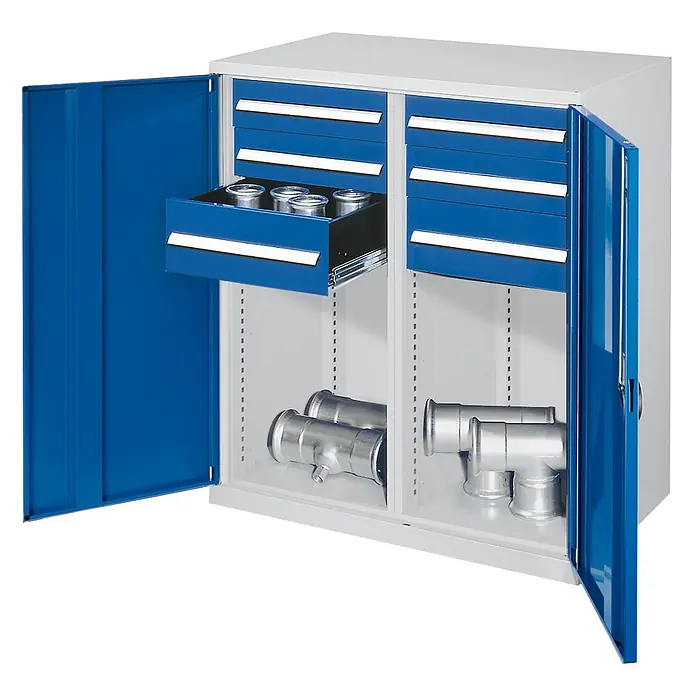 Kappes Metall-Mehrzweckschrank Schwerlast-Beistellschränke mit Mitteltrennwand 1110x1000x600mm Vollblecht - 60 cm x 1.000 cm x 1,11 m, Enzianblau - Grau-blauer Metall-Werkstattschrank mit offenen Türen, Schubladen für Kleinteile und Ablagen für Rohrverbindungen.