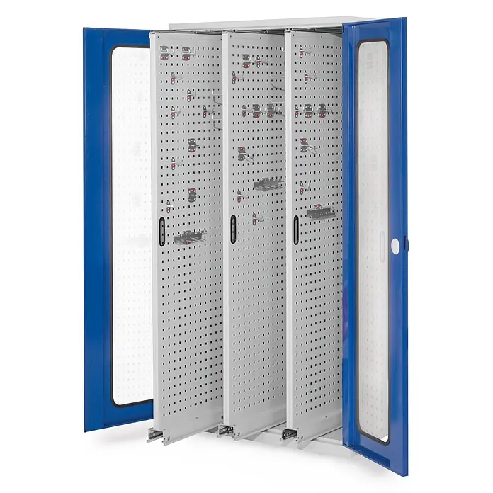 Kappes Metall-Mehrzweckschrank ®RasterPlan Vertikalschränke 1950x1000x600mm Modell 85 Sichtfenstertüren - 60 cm x 1.000 cm x 1,95 m, Enzianblau - Blauer und weißer Metall-Werkzeugschrank mit mehreren ausziehbaren Lochwänden zur Werkzeugaufbewahrung.