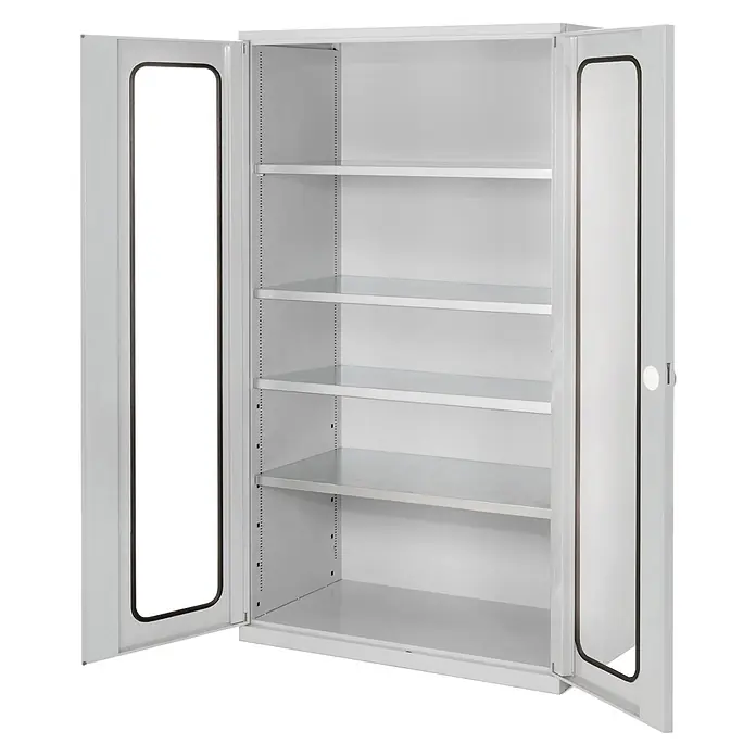 Kappes ®RasterPlan Großvolumenschränke 1950x1130x590mm Sichtfenstertüren Modell 1 lichtgrau -  - Hellgrauer Metallschrank mit zwei offenen Glastüren und fünf verstellbaren Einlegeböden.