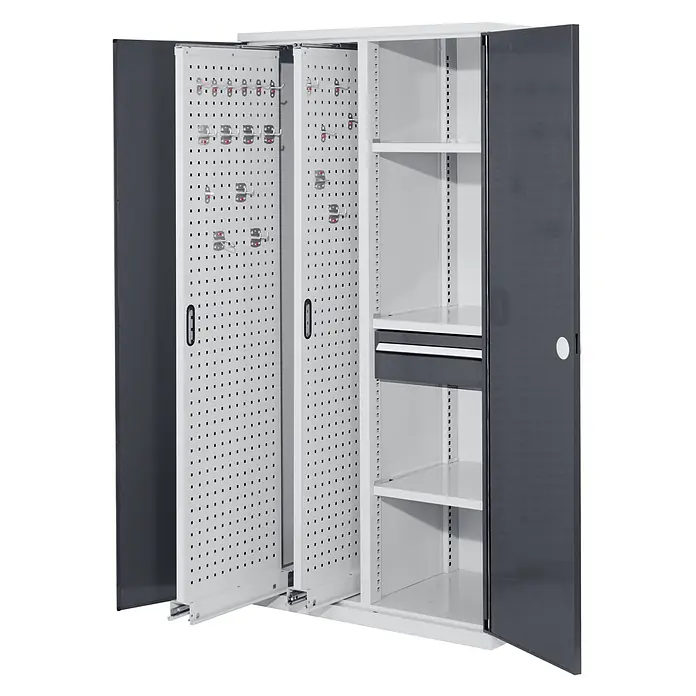Kappes Metall-Mehrzweckschrank ®RasterPlan Vertikalschränke 1950x1000x600mm Modell 82 Doppelwandtüren a - Anthrazitgrau - Zweifarbiger grau-weißer Metallschrank mit verschiebbaren Lochblechwänden und verstellbaren Einlegeböden.