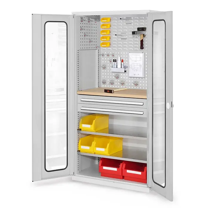 Kappes Metall-Mehrzweckschrank ®RasterPlan Schubladenschränke 1950x1000x600mm Sichtfenstertüren Modell - Lichtgrau - Offener grauer Metall-Werkstattschrank mit transparenten Türen, ausgestattet mit Lochwänden, Kästen, Regalen, Schubladen und Arbeitsplatte.