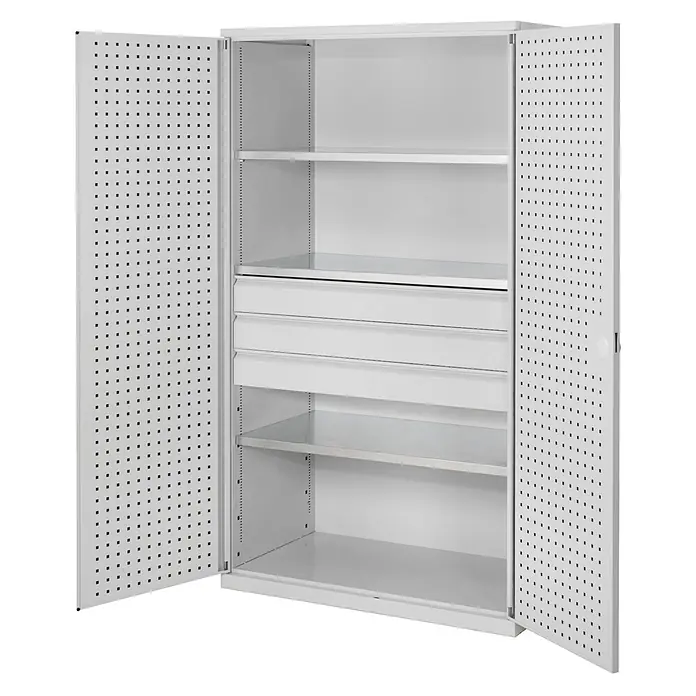 Kappes Metall-Mehrzweckschrank ®RasterPlan Großvolumenschränke 1950x1130x590mm Lochplattentüren Modell - 59 cm x 1.130 cm x 1,95 m, Lichtgrau - Helles Metallschrank mit zwei offenen perforierten Türen, innen Regalböden und zwei Schubladen.