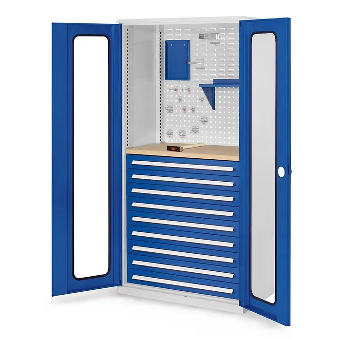 Kappes Metall-Mehrzweckschrank ®RasterPlan Schubladenschränke 1950x1000x600mm Sichtfenstertüren Modell - 60 cm x 1.000 cm x 1,95 m, Enzianblau - Blau-weißer Metall-Werkstattschrank mit Lochwand, Holz-Arbeitsplatte und mehreren Schubladen zur Werkzeugaufbewahrung.