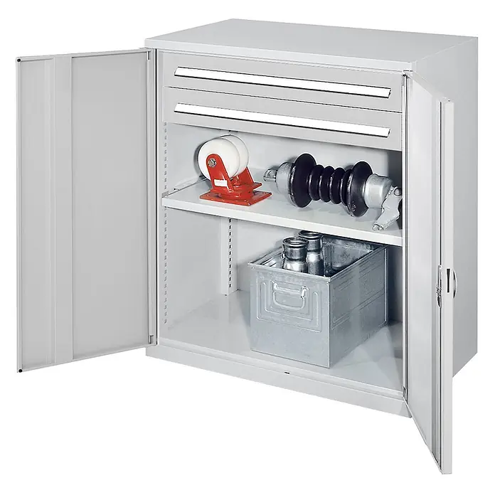 Kappes Metall-Mehrzweckschrank Schwerlast-Beistellschränke ohne Mitteltrennwand 1110x1000x600mm Modell 61 - 60 cm x 1.000 cm x 1,11 m, Lichtgrau - Grauer Metall-Werkstattschrank mit zwei offenen Türen, zwei Schubladen und Innenböden mit Industrieteilen.
