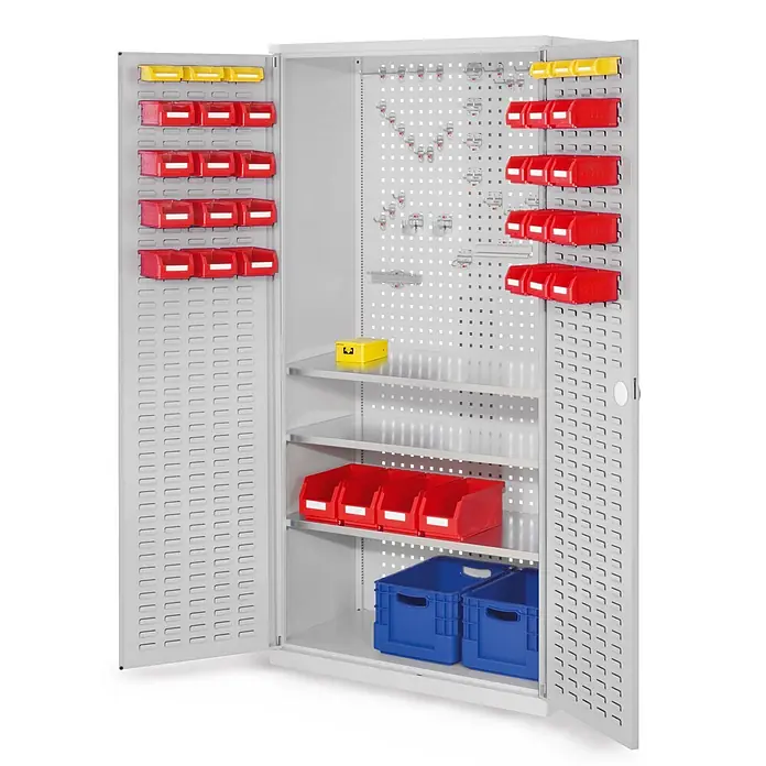 Kappes Metall-Mehrzweckschrank ®RasterPlan Werkzeugschrank 1950x1000m Modell 6 Tiefe 500mm Schlitzplatten - 50 cm x 1.000 cm x 1,95 m, Lichtgrau - Grauer Metallschrank mit offenen Türen, Regalen, Lochwänden und farbigen Sortierkästen innen.