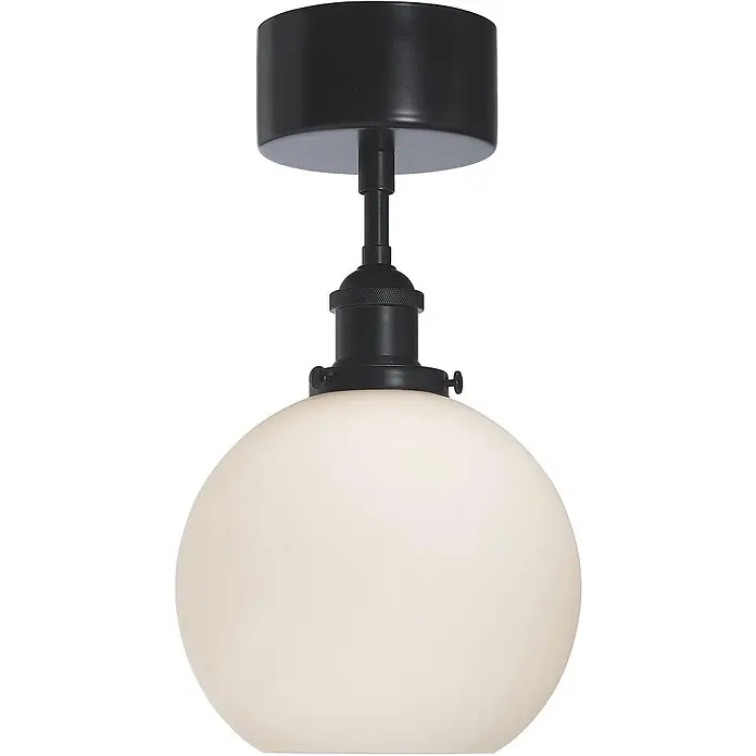 PR Home Deckenleuchte Omega - 15 W, L x B x H: 20 x 20 x 36 cm, E27 - Schwarze Deckenleuchte mit mattem schwarzem Sockel und sphärischem, milchweißem Opalglasschirm.