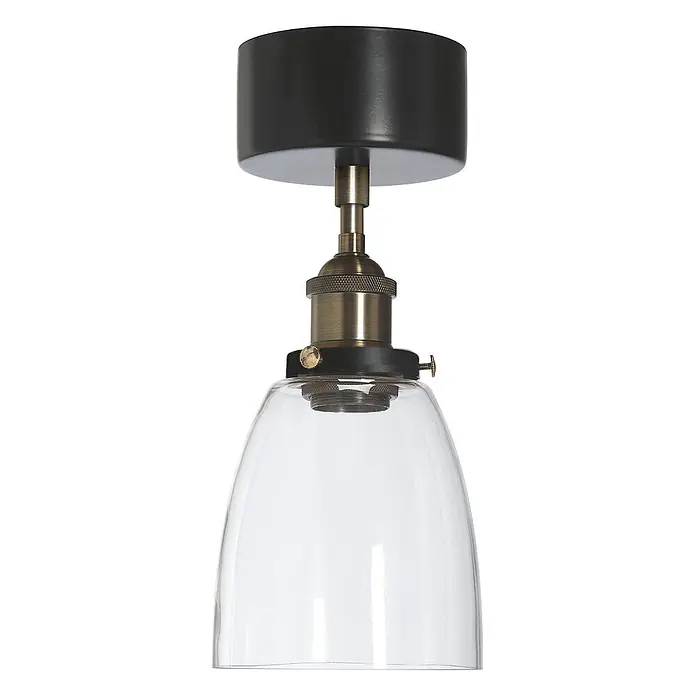 PR Home Deckenleuchte Rock - 5 W, L x B x H: 14 x 14 x 34 cm, E27 - Schwarze Deckenleuchte mit Messingakzenten und einem klaren, glockenförmigen Glasschirm.