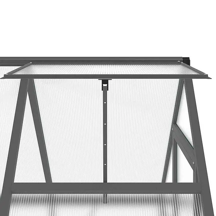 Furnicato Gewächshaus - 114 x 169 cm, Material Seitenwand: Kunststoff, 10 mm, anthrazit - Geöffnetes graues Gewächshaus-Dachfenster mit durchscheinenden Polycarbonatplatten zur Belüftung.
