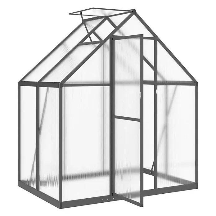 Furnicato Gewächshaus - 114 x 169 cm, Material Seitenwand: Kunststoff, 10 mm, anthrazit - Dunkelgraues Gewächshaus mit Metallrahmen und lichtdurchlässigen Wänden, offener Tür und Dachluke.