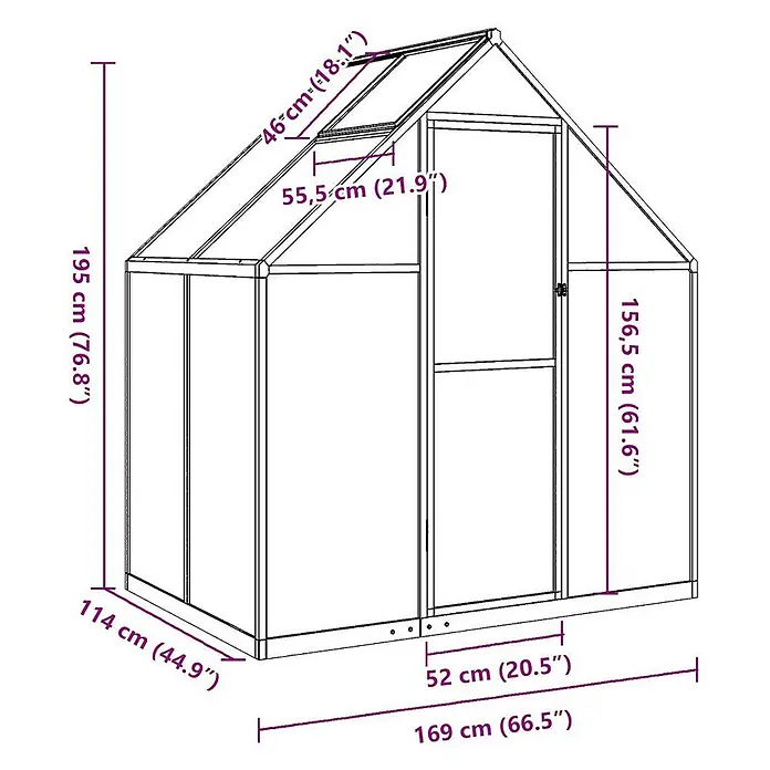 Furnicato Gewächshaus - 114 x 169 cm, Material Seitenwand: Kunststoff, 10 mm, anthrazit - Technische Zeichnung eines Gewächshauses mit aufklappbarem Dachfenster und Tür, beschriftet mit Maßen.