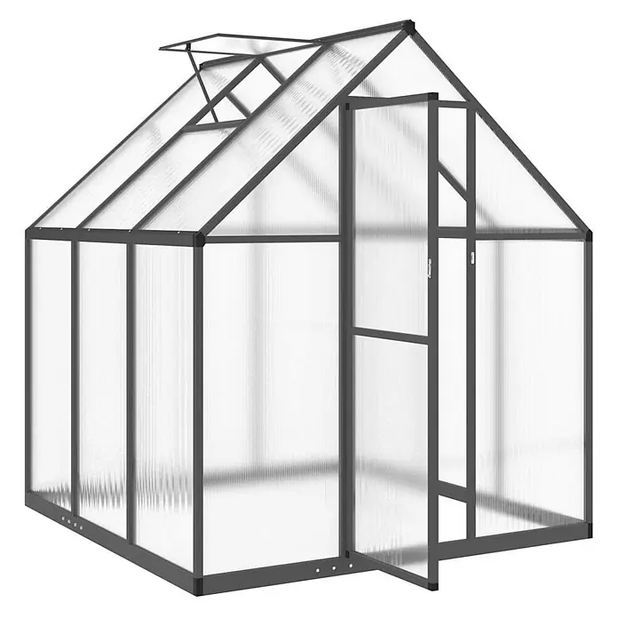 Furnicato Gewächshaus - Außenmaß inkl. Dachüberstand (B x T): 169 x 169 cm, Material Seitenwand: Aluminium, 0,4 mm, Anthrazit - Dunkelgraues Aluminium-Gewächshaus mit lichtdurchlässigen Wellkunststoffplatten, einem Klappdachfenster und offener Tür.