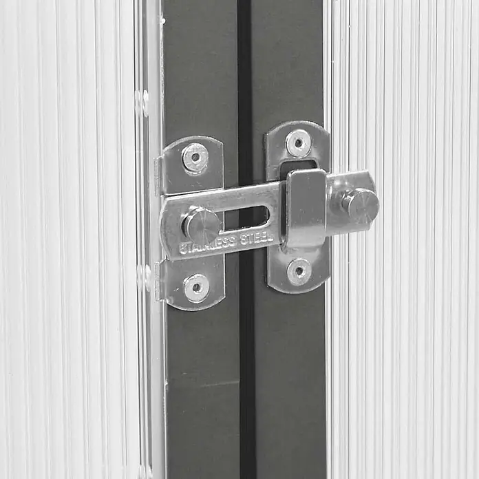 Furnicato Gewächshaus - Außenmaß inkl. Dachüberstand (B x T): 169 x 169 cm, Material Seitenwand: Aluminium, 0,4 mm, Anthrazit - Edelstahl-Riegelverschluss an einem Türrahmen montiert.