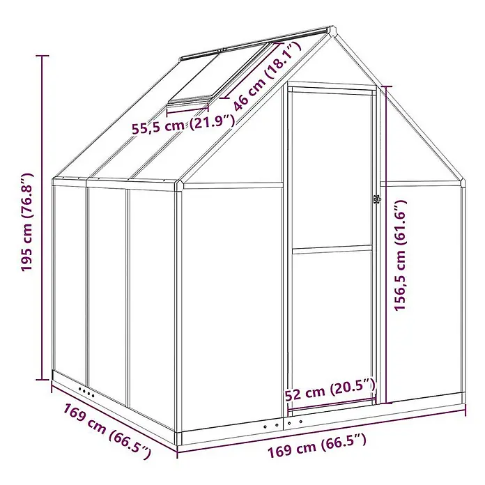 Furnicato Gewächshaus - Außenmaß inkl. Dachüberstand (B x T): 169 x 169 cm, Material Seitenwand: Aluminium, 0,4 mm, Anthrazit - Weiß gerahmtes Gewächshaus mit transparenten Paneelen, Maße und Tür-/Dachlukengrößen.